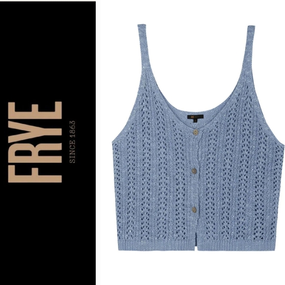 Frye baby blue knitted button up pointell top - Picture 1 of 10